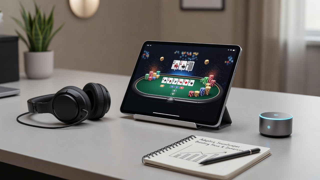 Close-up view of smartphone screen showing casino slot game alongside waveform visualization illustrating real-time audio adaptation