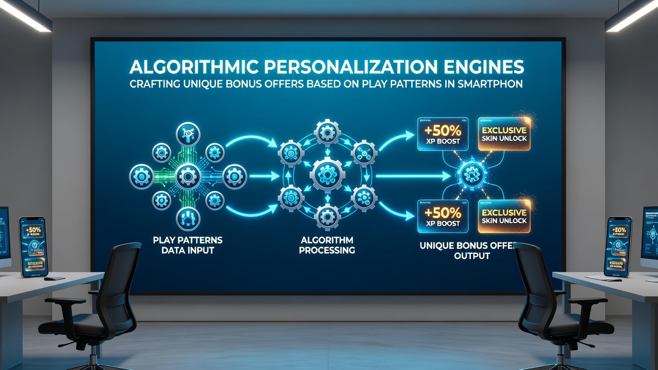 Dashboard view of algorithmic personalization engine analyzing play patterns and generating custom bonus offers for casino users