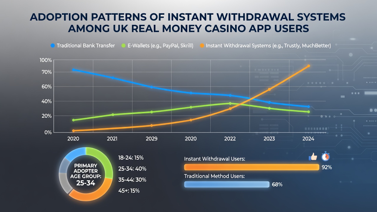 Graph illustrating rising adoption rates of instant withdrawals in UK mobile casino apps from 2023 to 2026