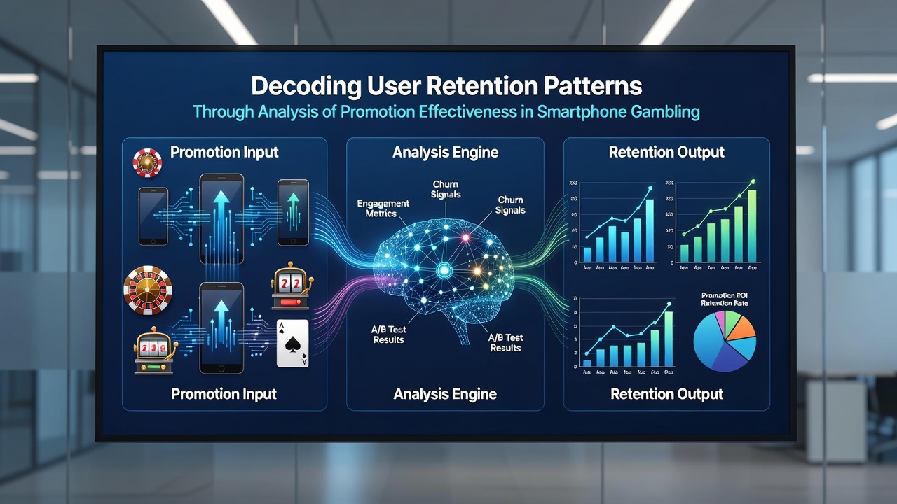 Data visualization charts showing retention curves and promotion conversion rates over time in mobile gambling analytics