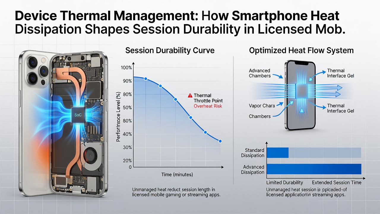 Graph illustrating session duration versus device temperature in mobile gambling applications under different thermal conditions