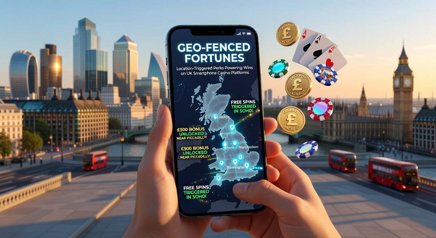Map overlay showing geo-fenced zones on a UK cityscape with casino app notifications popping up at key locations