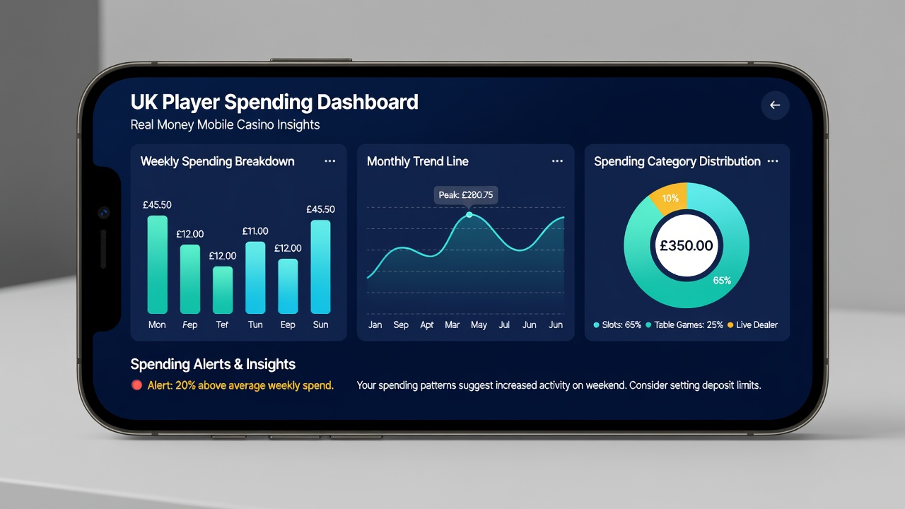 Close-up view of mobile dashboard analytics with spending breakdown and trend indicators