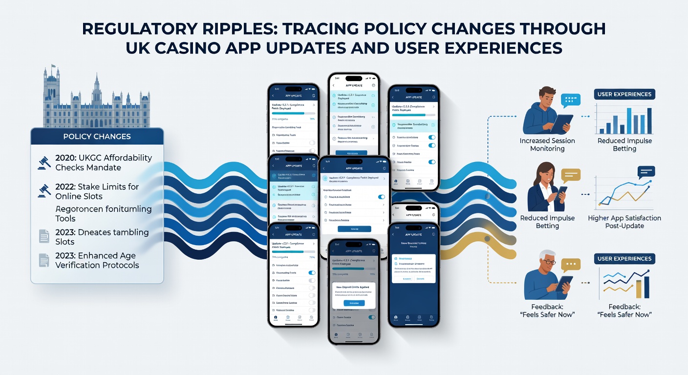 Diverse group of UK mobile users engaging with casino apps on phones and tablets, illustrating varied user experiences with updated policy features
