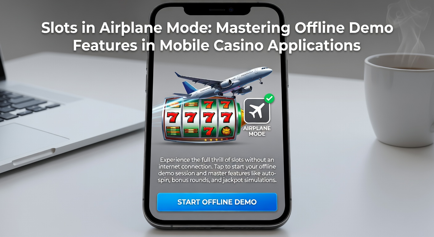 Close-up of airplane tray table with smartphone running an offline slot demo, airplane window in background showing clouds