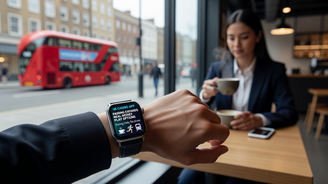 Close-up of smartwatch screen displaying casino game controls while user exercises outdoors