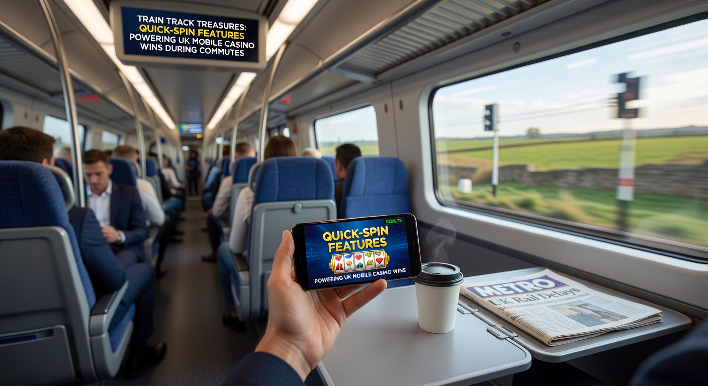 Close-up of a mobile screen showing quick-spin slots in action on a bustling UK commuter train, with blurred passengers and rail signals in the background